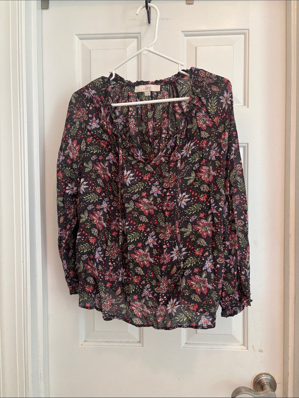 LOFT Black Floral Long-Sleeve V-Neck Blouse